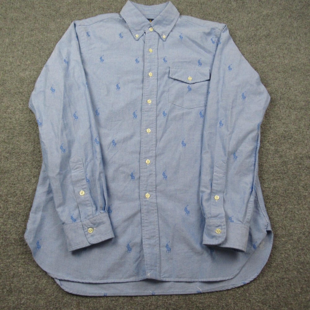 Ralph Lauren Shirt Mens Medium Blue with All Over Pony‎ Logo Oxford Flap Pocket - Picture 2 of 9